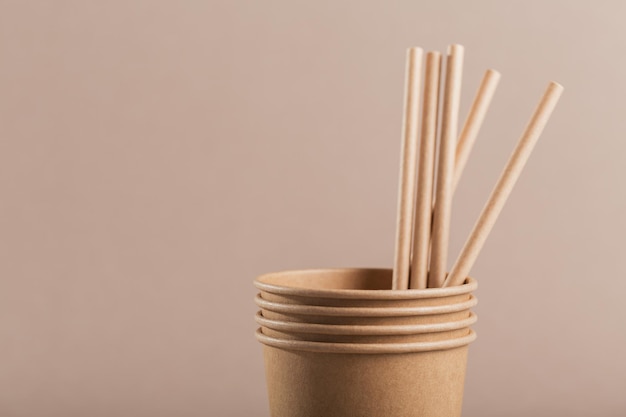 Vajilla desechable de materiales naturales. Vaso de papel biodegradable y compostable, pajitas