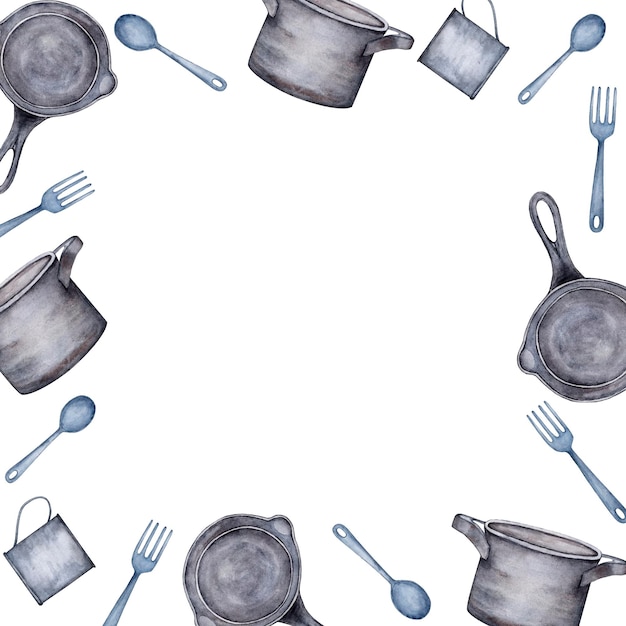 Vajilla de metal para comer al aire libre viajando Un conjunto de artículos de un tenedor de cuchara y dos tazas Ilustración de acuarela