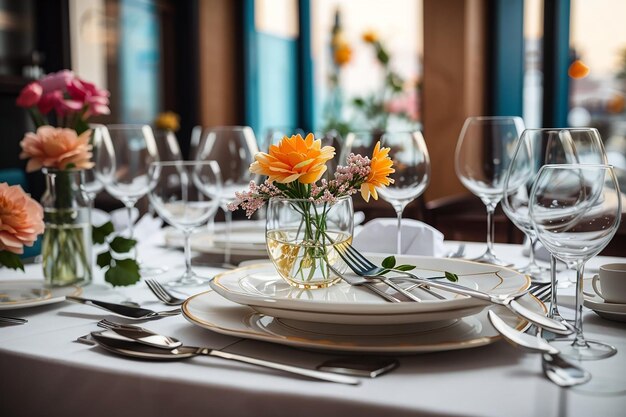 Vajilla, vasos, flor, tenedor, cuchillo servido para la cena en un restaurante con un interior acogedor