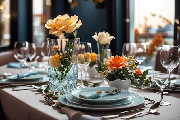 Vajilla, vasos, flor, tenedor, cuchillo servido para la cena en un restaurante con un interior acogedor