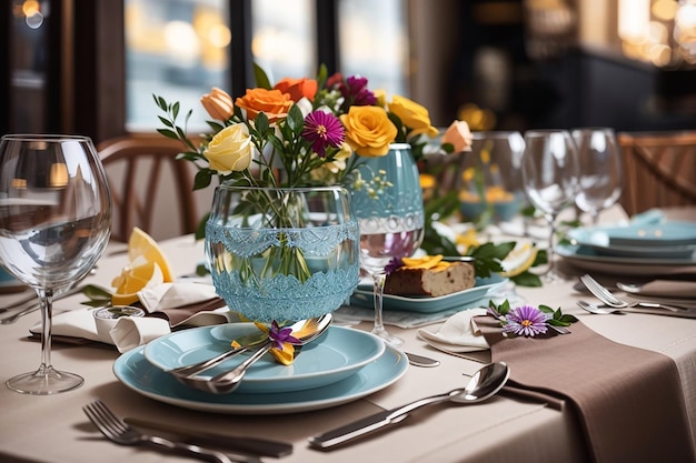 Vajilla, vasos, flor, tenedor, cuchillo servido para la cena en un restaurante con un interior acogedor