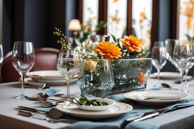 Vajilla, vasos, flor, tenedor, cuchillo servido para la cena en un restaurante con un interior acogedor