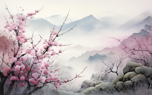 Vale chinês sereno abraçado por montanhas nebulosas ilustração de pintura chinesa