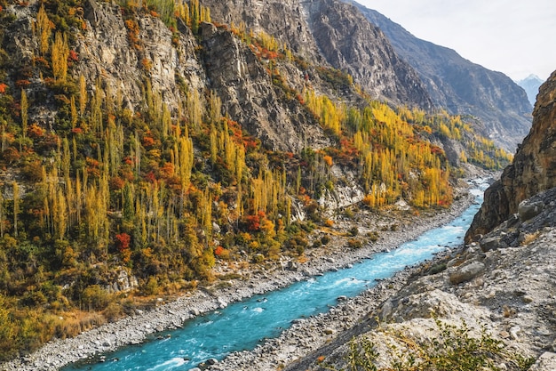 Vale colorido de Hunza no outono com fluxo do rio de Hunza, Gilgit Baltistan. Paquistão.