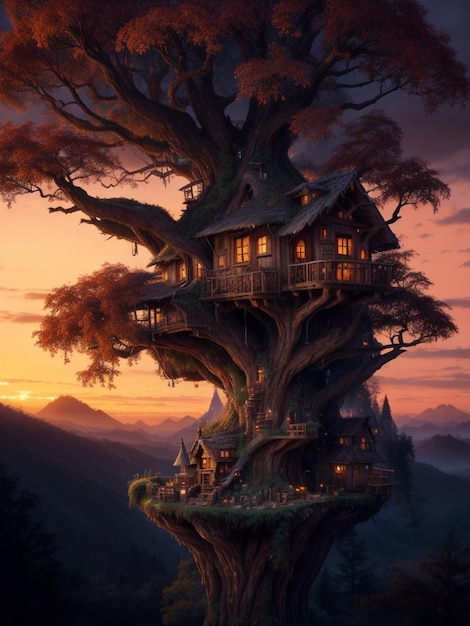 Vale conto de fadas casa na árvore aldeia coberta pintura matte