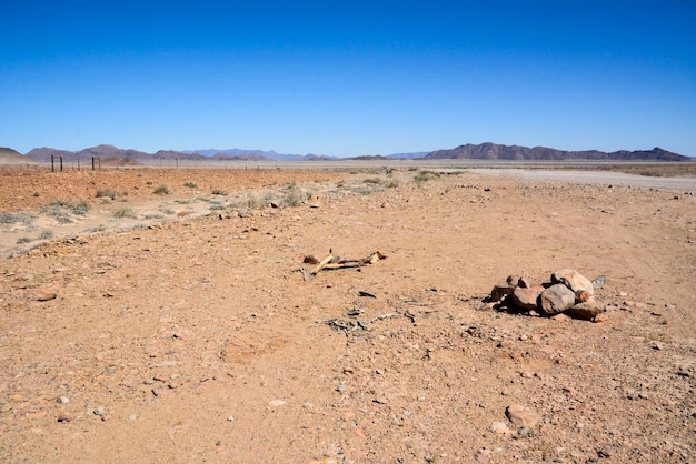 Vale do deserto sem água até o horizonte contra o fundo do céu azul Mudança climática mundial