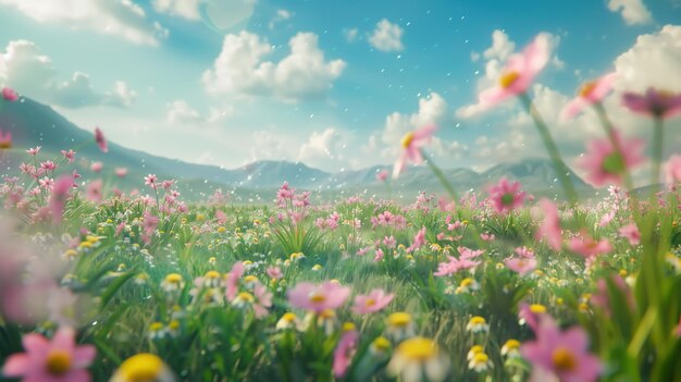 Vale dos Sussurros Uma paisagem de sonho de um vale cheio de flores sob o céu azul claro com o sol lançando um brilho suave sobre a miríade de flores cor-de-rosa e o balanço suave de pétalas na brisa