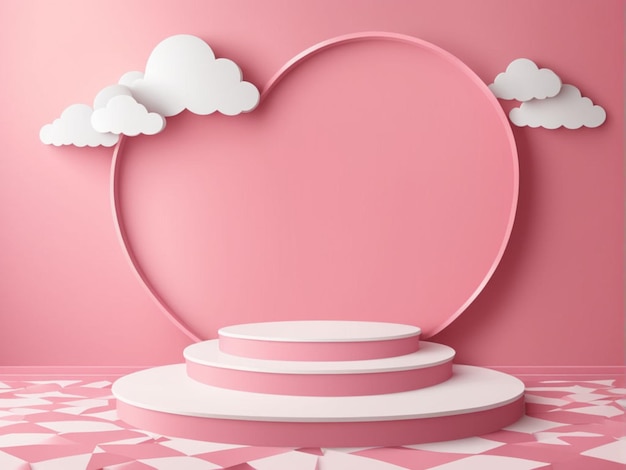 Valentim fundo vetor 3d renderização rosa com pódio e nuvem cena branca nuvem 3d