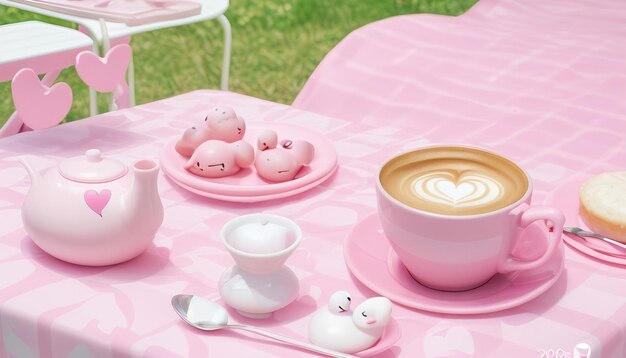 Valentín el amor de fondo rosa con juguetes y una taza de café en un mantel rosa