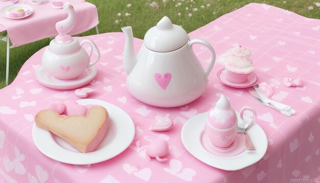 Valentín amor fondo rosa con juguetes y una taza de café en un mantel rosa