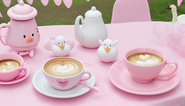 Valentín amor fondo rosa con juguetes y una taza de café en un mantel rosa