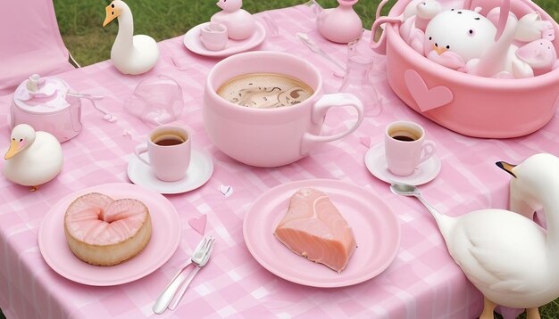 Valentín amor fondo rosa con juguetes y una taza de café en un mantel rosa