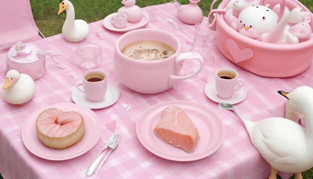 Valentine amor fundo rosa com brinquedos e uma xícara de café em uma toalha de mesa rosa