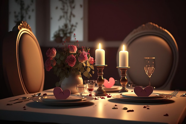 Valentine Dinner on Table in a Candle Genarative AI