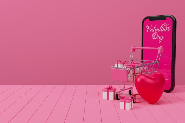 Valentine online-shopping-konzept auf holztisch, 3d-render-illustrator.