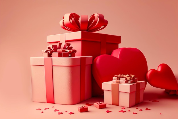 Valentine39s Day Cajas de regalo con cinta roja y corazones sobre fondo rosa IA generativa