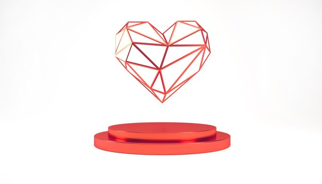 Foto valentinstag 3d glänzendes rotes podium oder podest mit rotem metallherz auf weißem hintergrund, 3d-rendering.