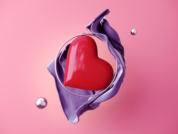 Valentinstag 3D-Rendering von fliegenden geometrischen Formen mit Stoff rosa Herzen Symbol für Liebe und Süßigkeiten