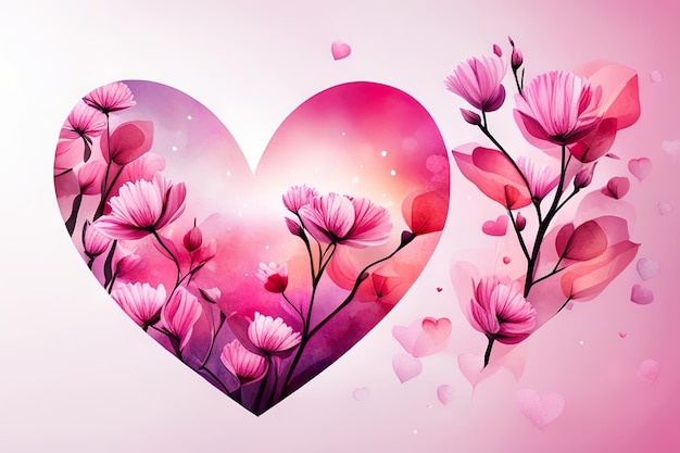 Valentinstag-Banner mit rosa Aquarell-Liebesherz und Blumen