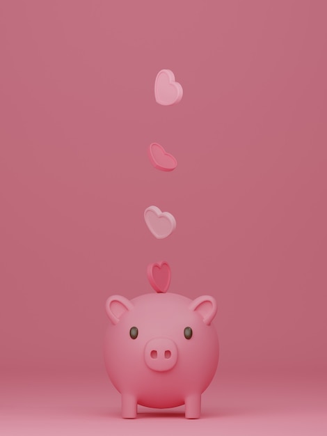 Foto valentinstag-banner mit sparschwein auf rosa hintergrund. 3d-rendering.