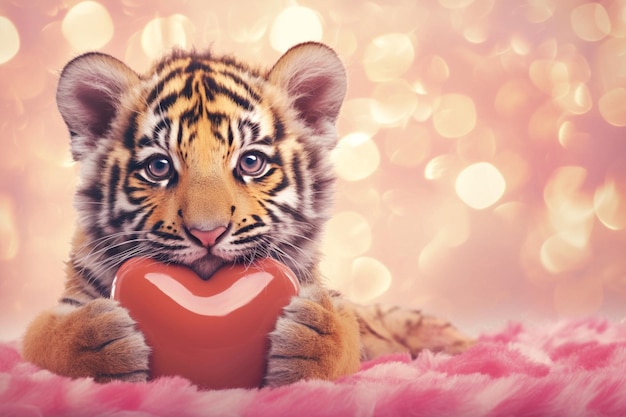 Valentinstag Überraschung Tigerjunge bietet herzförmiges Geschenk romantisch