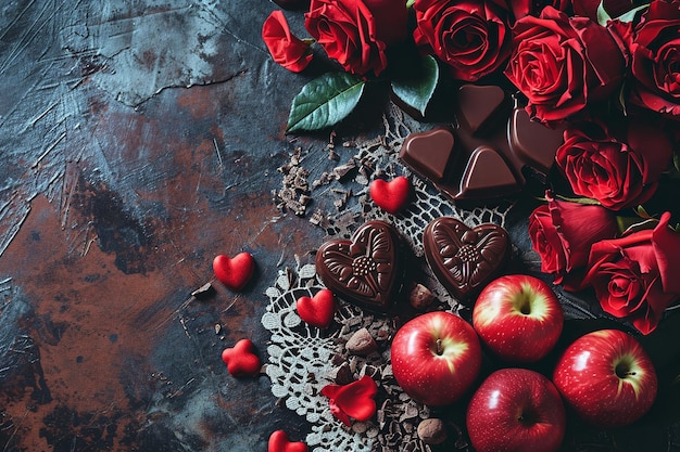 Foto valentinstag blumen herzen schokolade auf braunem hintergrund top-view-mockup