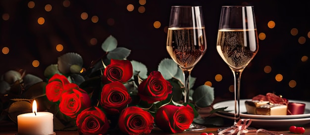 Valentinstag-Dinner-Bild mit Champagnergläsern, romantisches Getränk, rote Rose, Kerze, Liebes-Themen-Tischdekoration