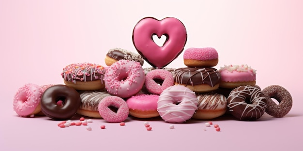 Valentinstag-Donuts und Schokolade auf rosa Hintergrund Herz- und Liebes-Donuts14. Februar Erdbeer-Donuts mit rosa Glasur und dekorativen Herzen