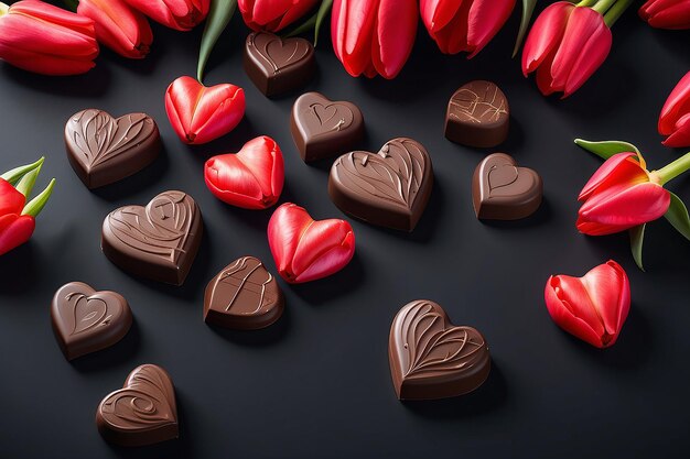 Valentinstag dunkler Hintergrund Schokoladenherzen und rote Tulpen Kopierraum Liebe und Konzept