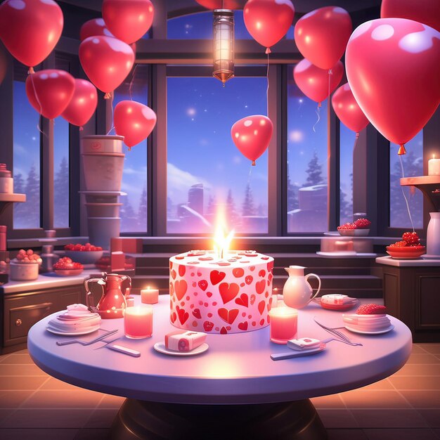 Valentinstag Feier mit geschmücktem Tisch, brennenden Kerzen und festlichen Ballons