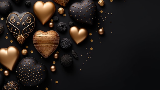 Foto valentinstag flache komposition mit eleganten schwarzen und goldenen elementen luxus festliche generative ki