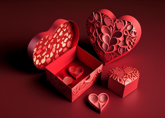 Valentinstag-Geschenkbox in Herzform auf rotem AI generiert