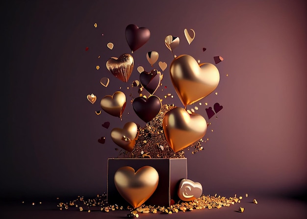 Valentinstag Goldballons mit Geschenkbox AI generiert