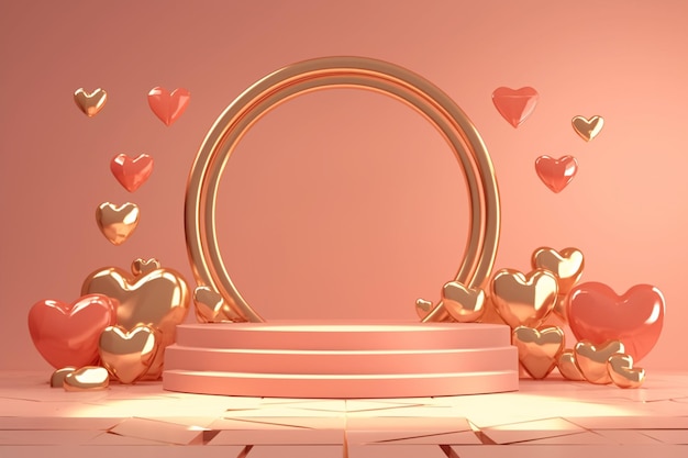 Valentinstag goldene Bühne Podium geschmückt mit Herz Dekorationen 3D rendert