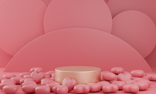 Valentinstag: Goldpodest oder Produktstand mit Herzsymbol der Liebe auf pastellrosa Hintergrund mit Kopienraum. 3D-Rendering.