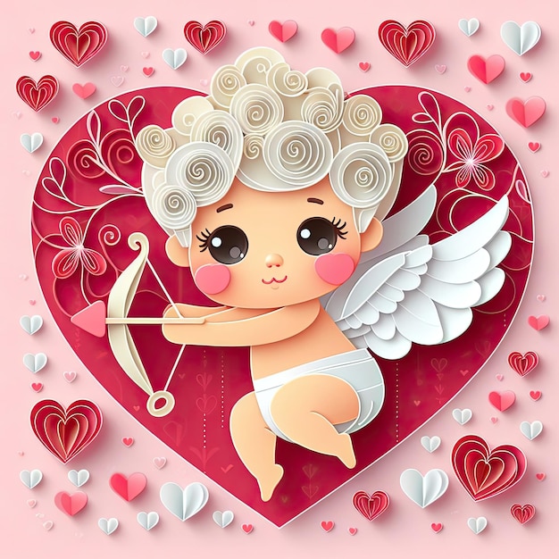 Valentinstag-Grüßkarte mit süßem Cupid auf rosa Hintergrund Quilling-Papierkarte