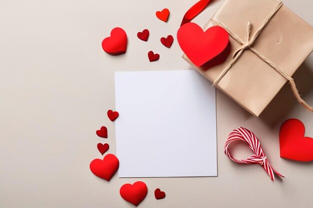 Valentinstag-Herzen Geschenk-Box und weiße Leere für Ihren Text auf der Grußkarte über Papier-Hintergrund