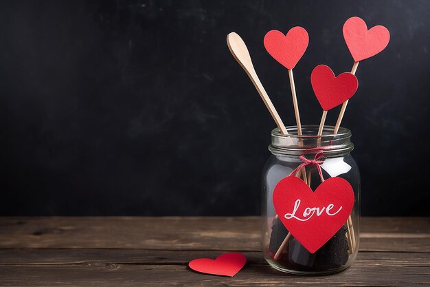 Valentinstag Hintergrund Herz auf Stick in einem Glas auf altem Holz und schwarzem Hintergrund Liebeskonzept