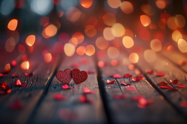 Valentinstag-Hintergrund Holz-Tischplatte mit Herzen Valentinstagskonzept