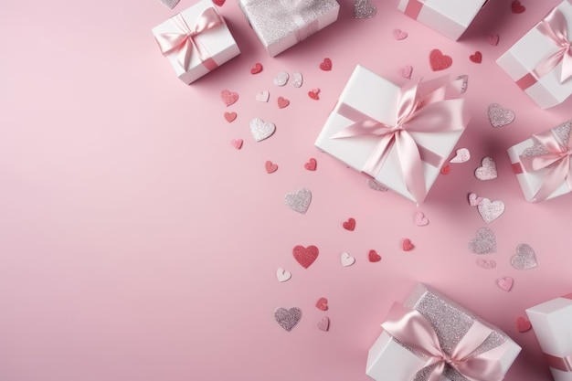 Valentinstag Hintergrund mit Geschenkboxen und Herzen auf rosa Hintergrund Generative AI