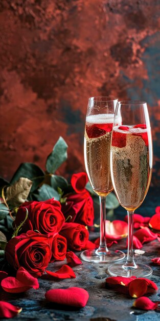Valentinstag-Hintergrund mit Gläsern Champagner und Rosen
