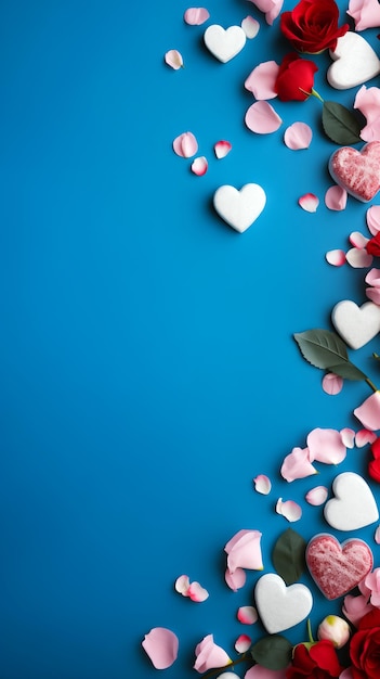 Valentinstag-Hintergrund mit Herzen und Rosen auf blauem Hintergrund