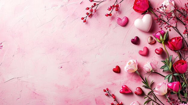 Valentinstag-Hintergrund mit rosa Herzen und Kopierraum, erstellt mit generativer KI