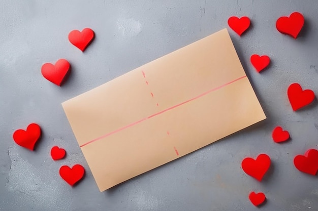 Valentinstag-Hintergrund mit roten Herzen und einem leeren Papier auf einem alten Betontisch