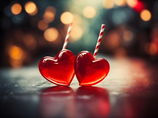 Foto valentinstag-hintergrund mit zwei roten herzen auf bokeh-hintergrund