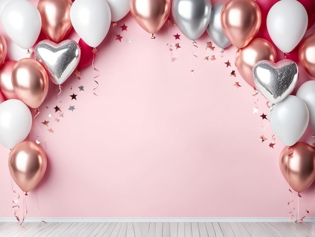 Valentinstag Hintergrund Podest mit Herz Geschenkeschachtel und rosa und silberne Herz Ballons leere S