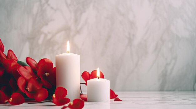 Valentinstag-Hintergrundbanner mit Kopierraum Blumen und Kerzen Konzept der romantischen Liebe