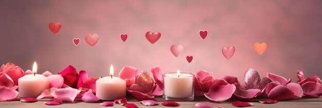 Valentinstag Hochzeitsbanner mit abstrakt illustrierten roten rosa fliegenden Herzen Kerzen Rosenblättern