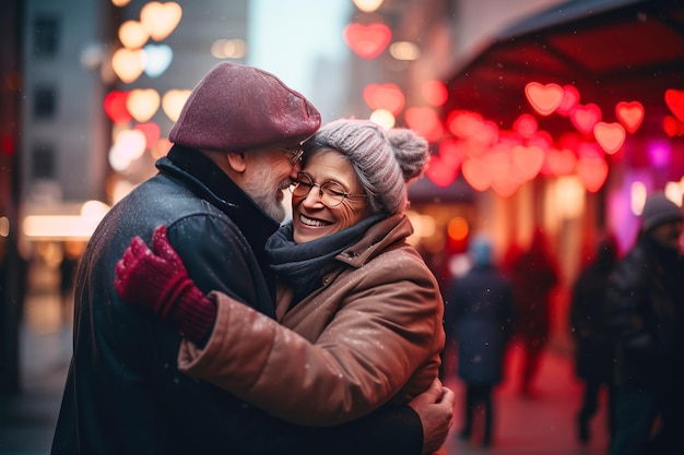 Valentinstag-Konzept Älteres Paar umarmt sich auf der Straße und lächelt mit viel Liebe