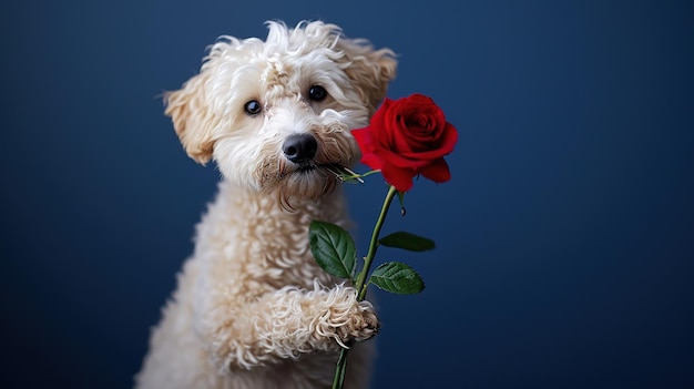 Valentinstag Konzept lustiges Porträt niedlicher Welpe mit roter Rosenblume